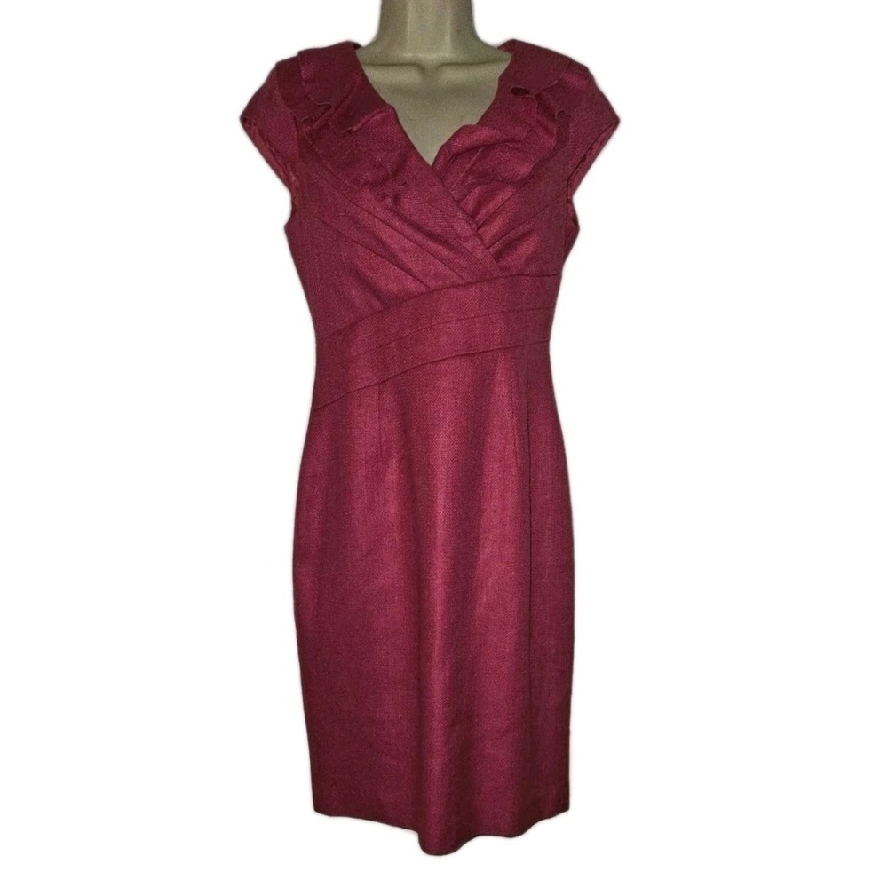 Kay Unger Size 4 Pink Silk Cocktail Sheath Dress Ruffle V-Neckline Cap Sleeve